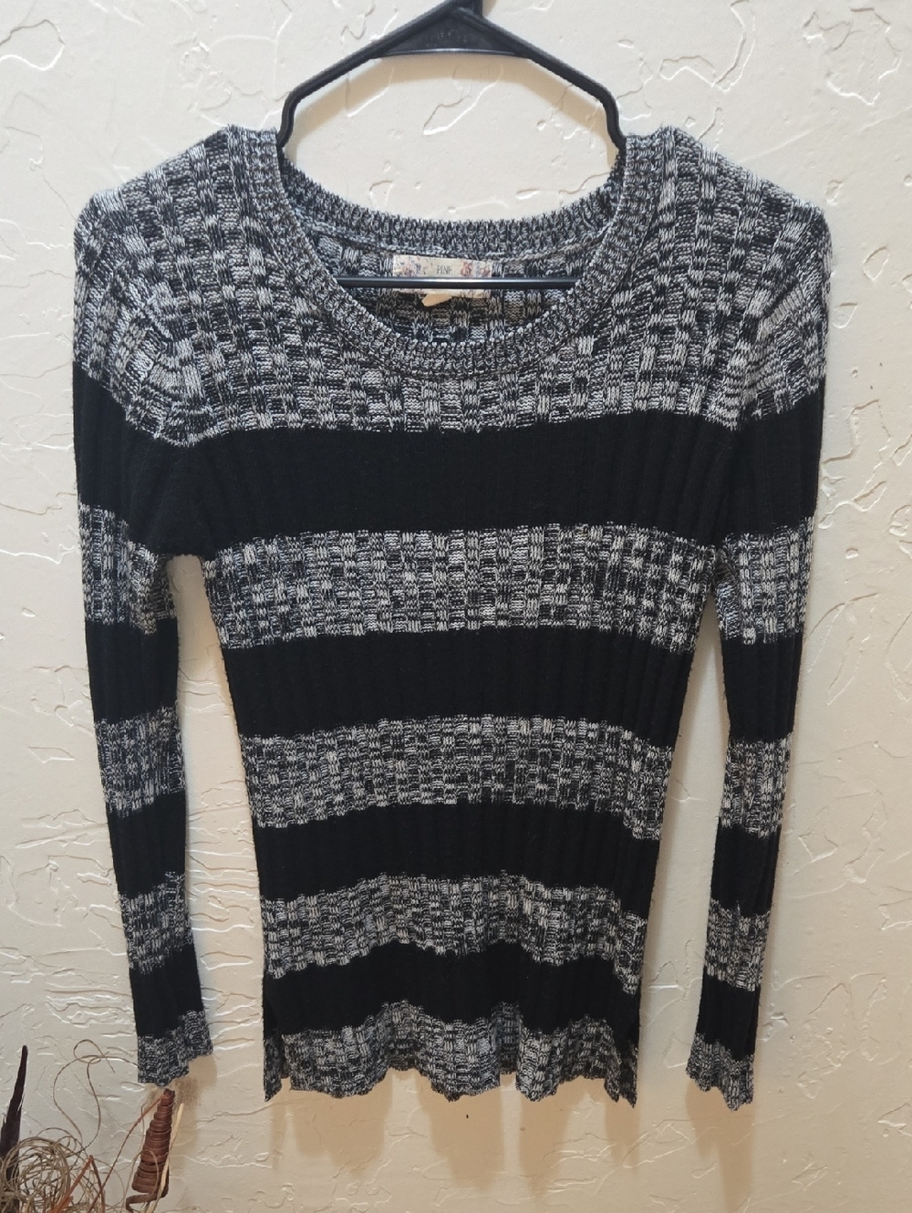 Pink Republic Black and Gray Striped Ribbed Crewneck Sweater